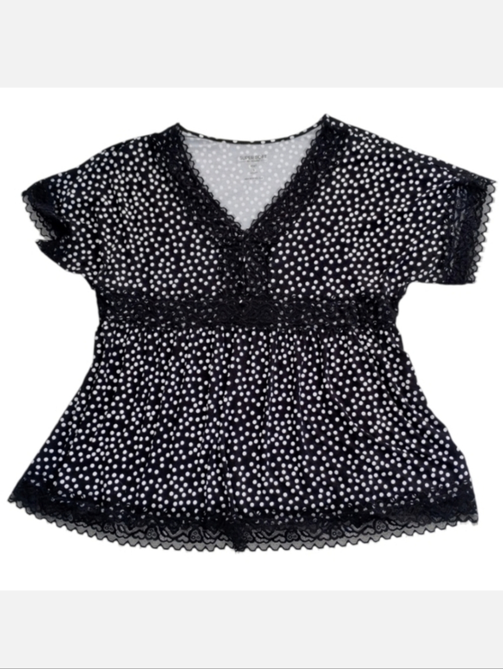 Torrid Super Soft Black Polka Dot Lace Trim Babydoll Top Size 3X Women's Blouse